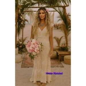 Aqua Dress 70's Boho Beach Destination Wedding Lace Crochet Bohemian Cottagecore